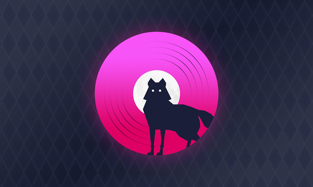 Image schématique d'un loup noir dans un disque vinyle rose, sur fond bleu nuit rempli losanges