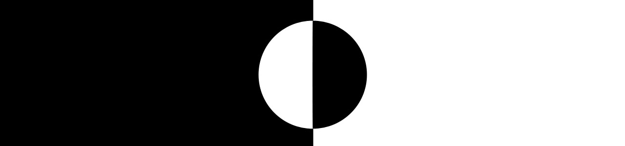 Image d'un carré blanc à gauche d’un carré noir, recouverts d’un disque divisé en deux, noir à gauche et blanc à droite