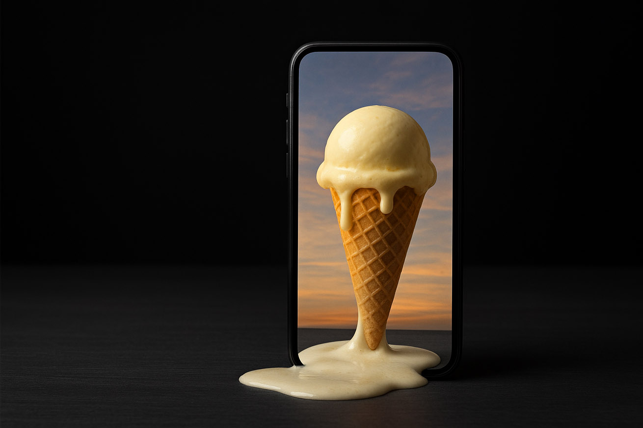 Un écran de mobile affiche un cornet de glace sous un ciel crépusculaire, la glace fond, sort de l'écran et se répand sur une table en bois noir.